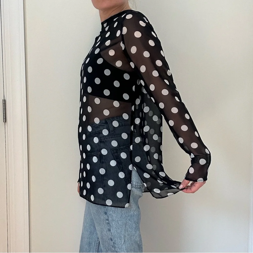 Custom Made Poly Chiffon Polka Dot Sheer Blouse /Hot Polka Dot Trend - Picture 5 of 8
